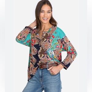 JOHNNY WAS Indi Flower Long Sleeve Henley Tee top, size M